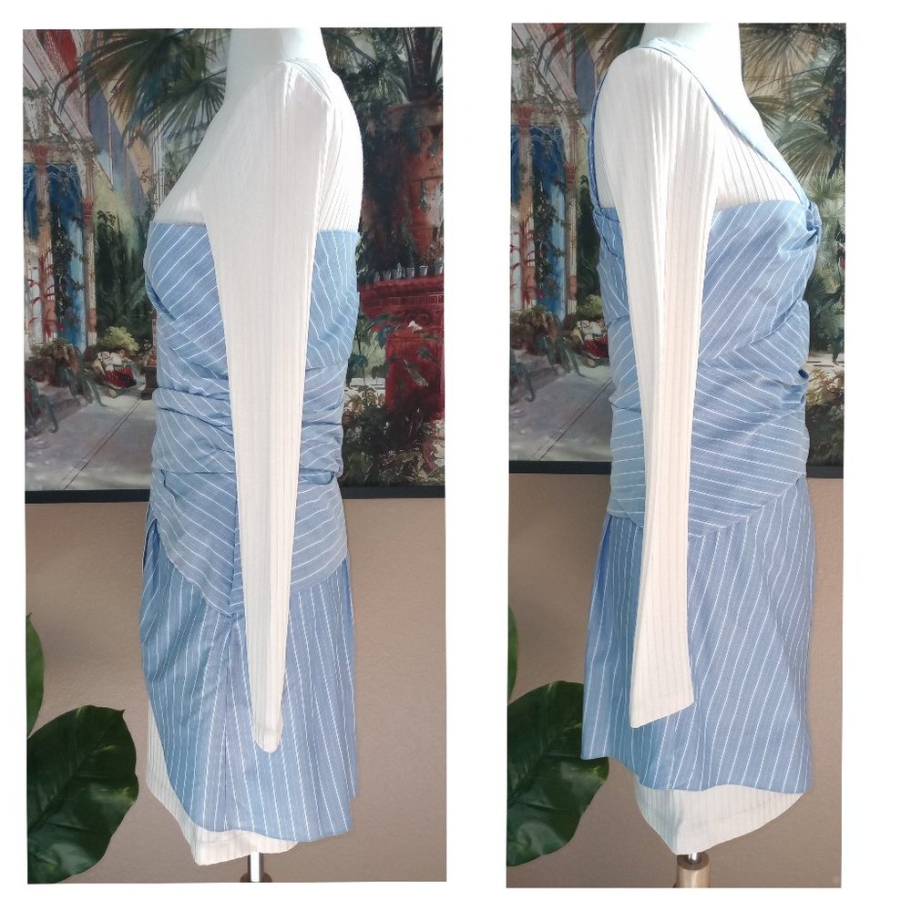 Thakoon Cream Ribbed Long-Sleeve Dress with Blue Pinstripe Wrap - Picture 4 of 6